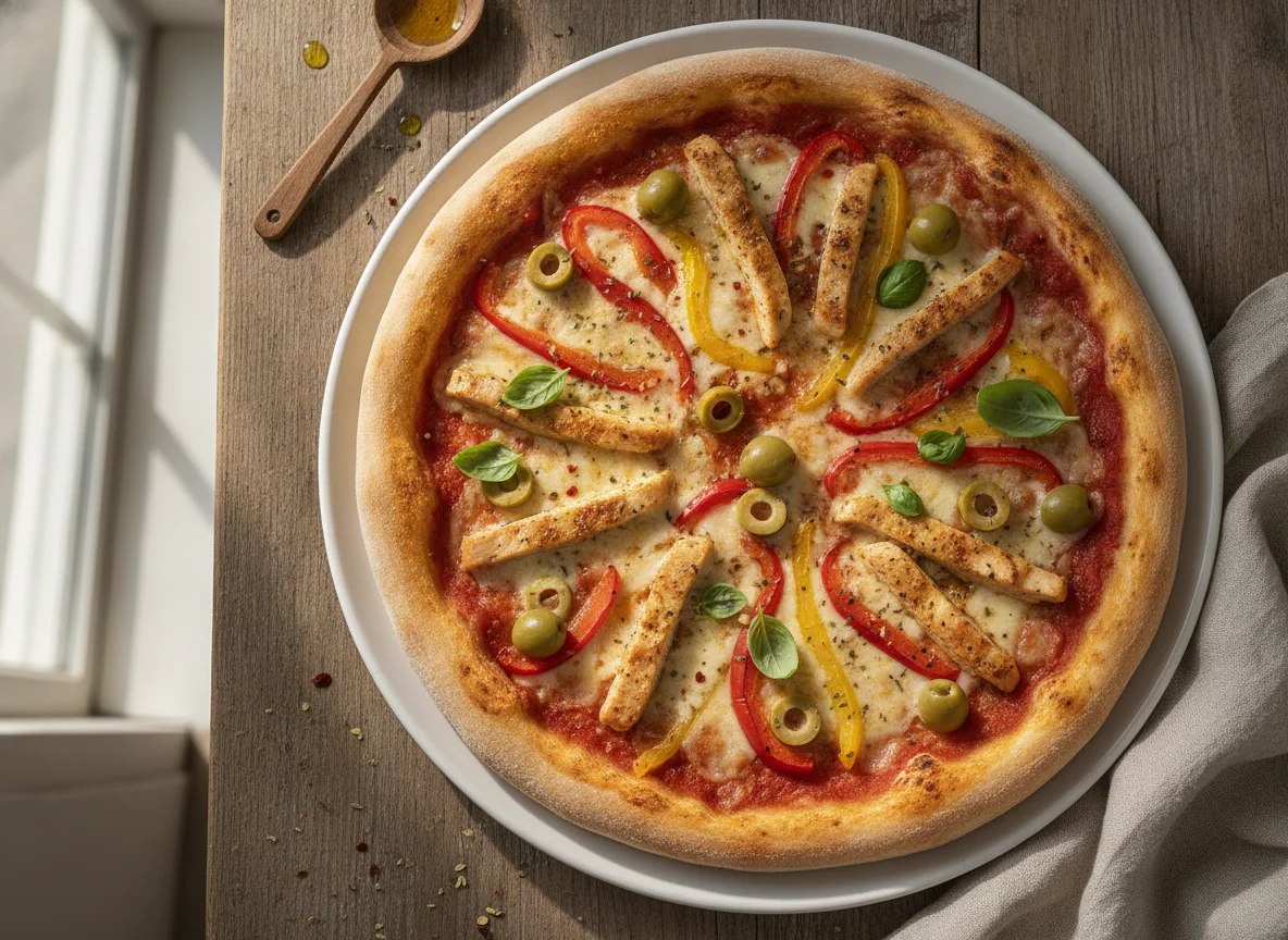 Pizza de pollo con aceitunas y pimientos photo