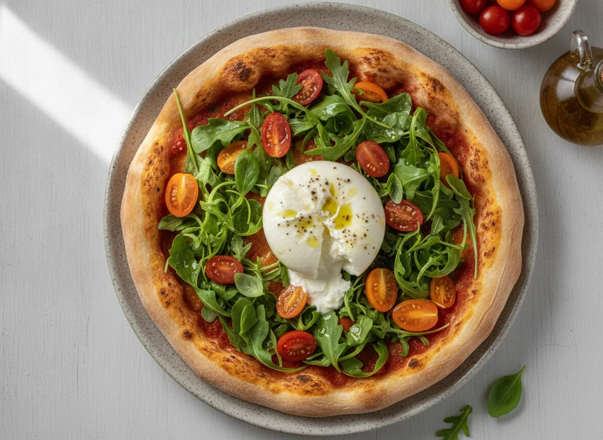 Pizza de rúcula con burrata photo