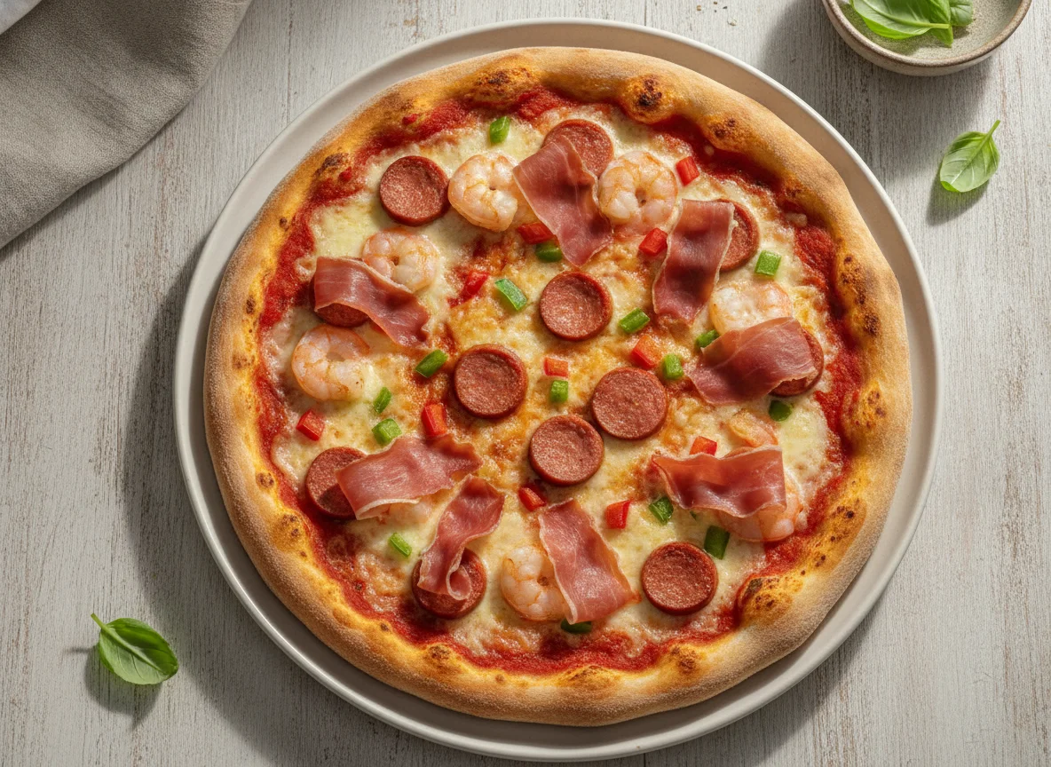 Pizza de salchichas, gambas y jamón photo