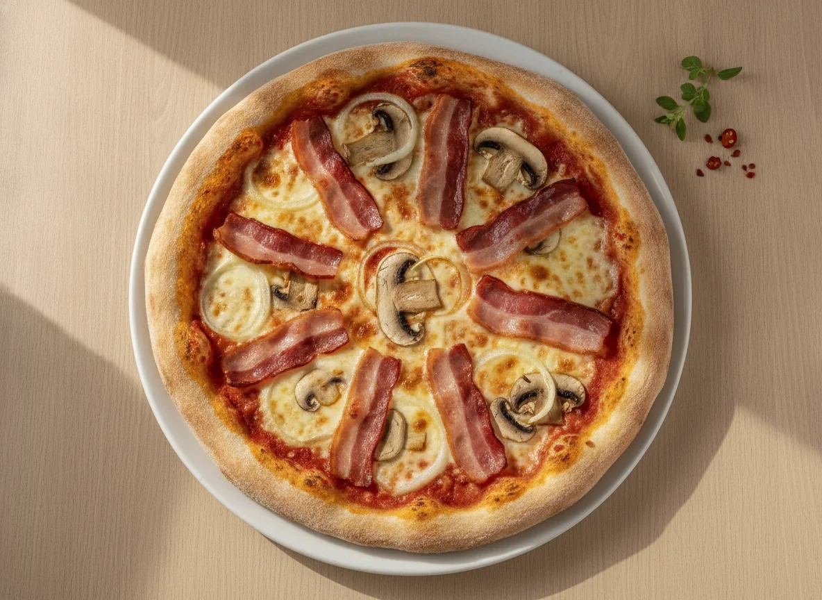 Pizza de tocino, champiñones y cebolla photo
