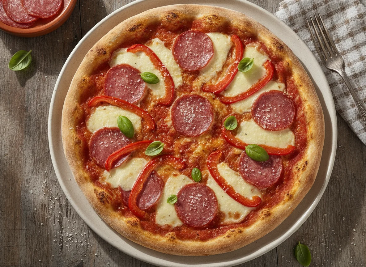 Pizza delgada con salami y pimientos photo