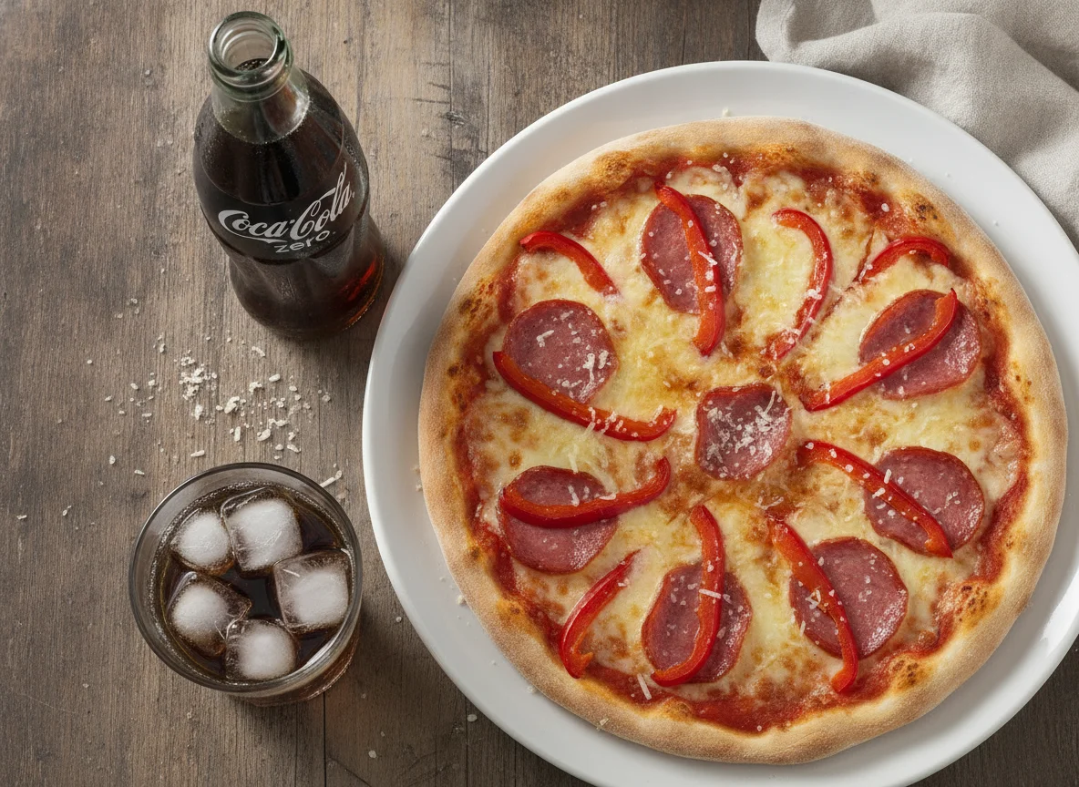 Pizza delgada de salami y pimientos con Coca-Cola Zero photo
