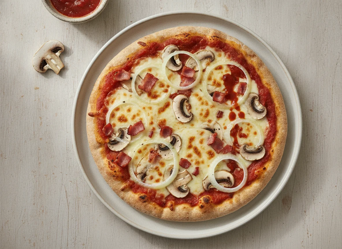 Pizza en pan pita con champiñones y cebolla photo