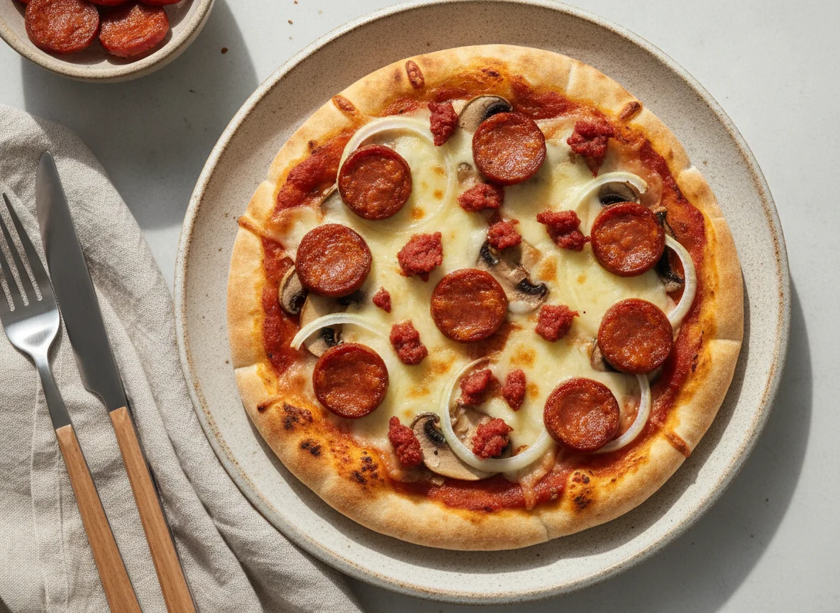 Pizza en pan pita con chorizo y champiñones photo