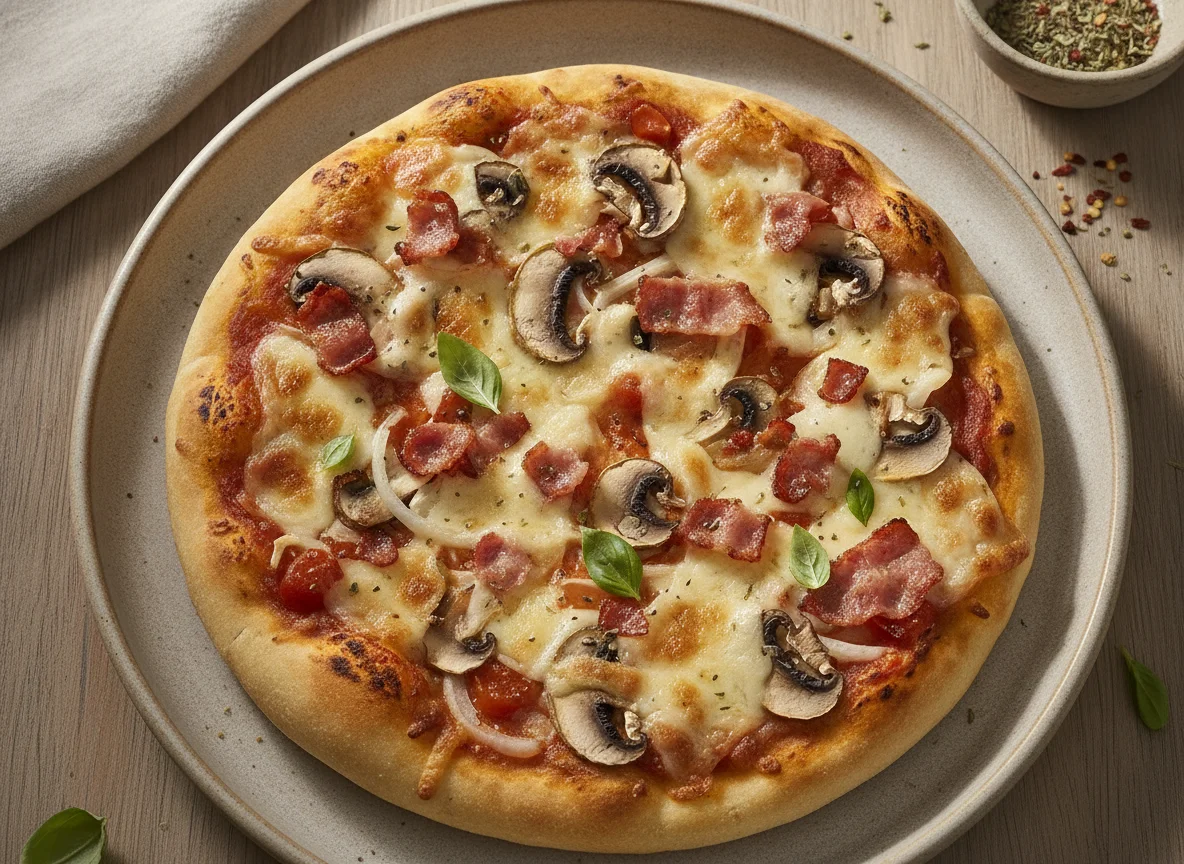 Pizza en pan pita con tocino y champiñones photo