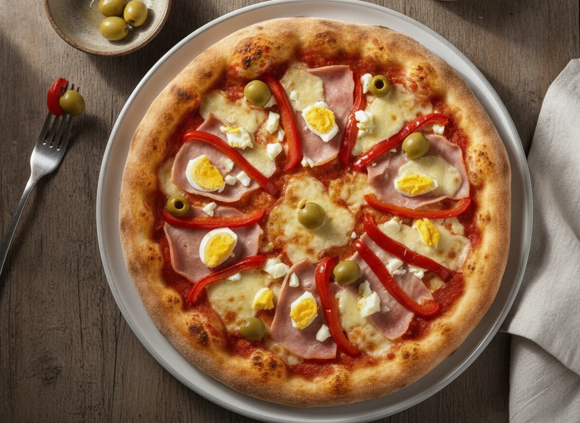 Pizza especial con jamón, morrones y huevo photo
