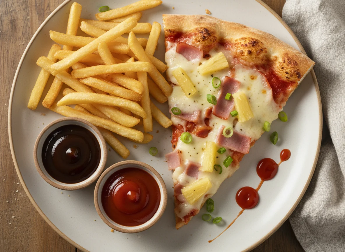 Pizza hawaiana con papas fritas y salsas photo