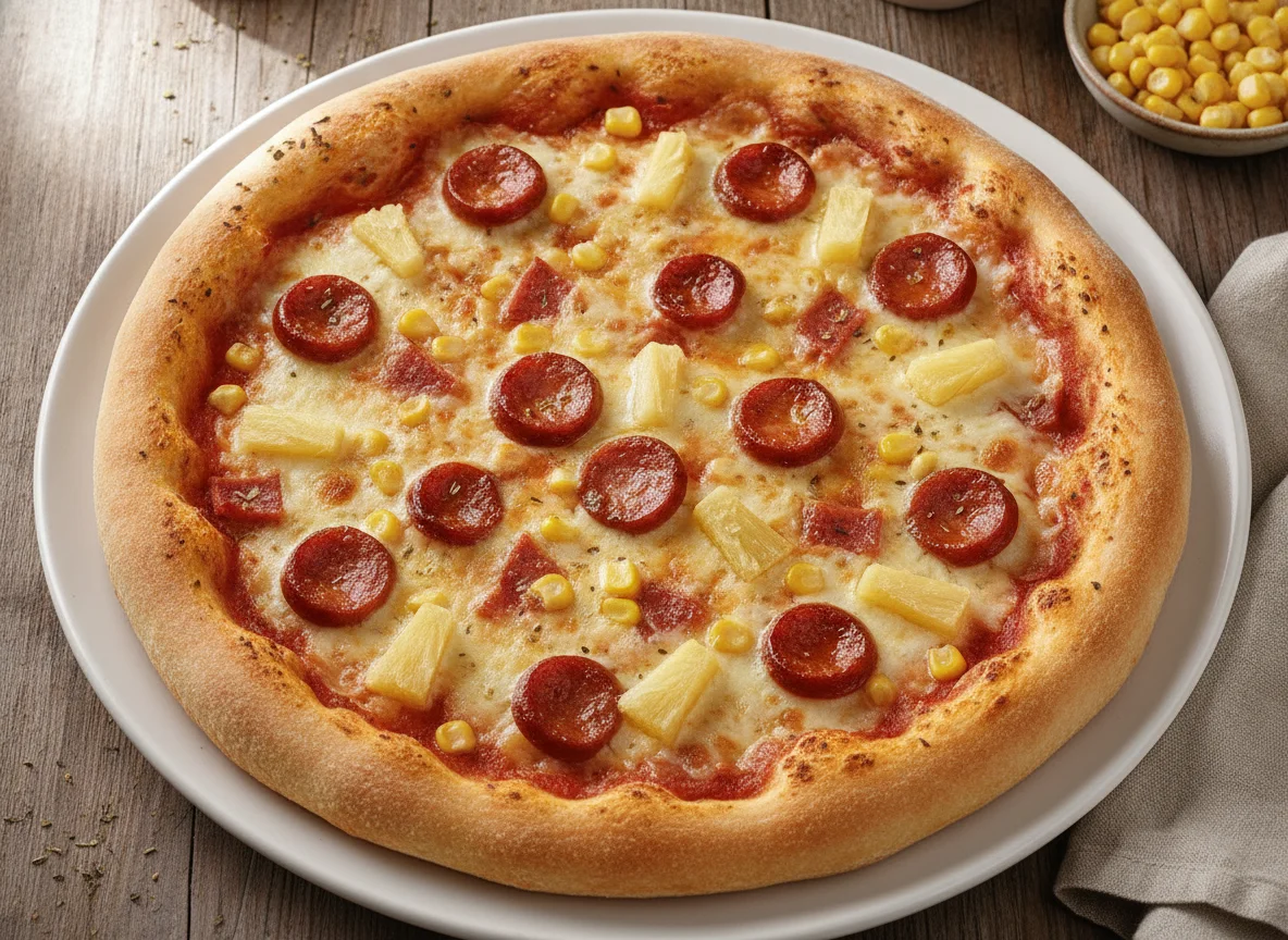 Pizza hawaiana con salchicha y maíz photo
