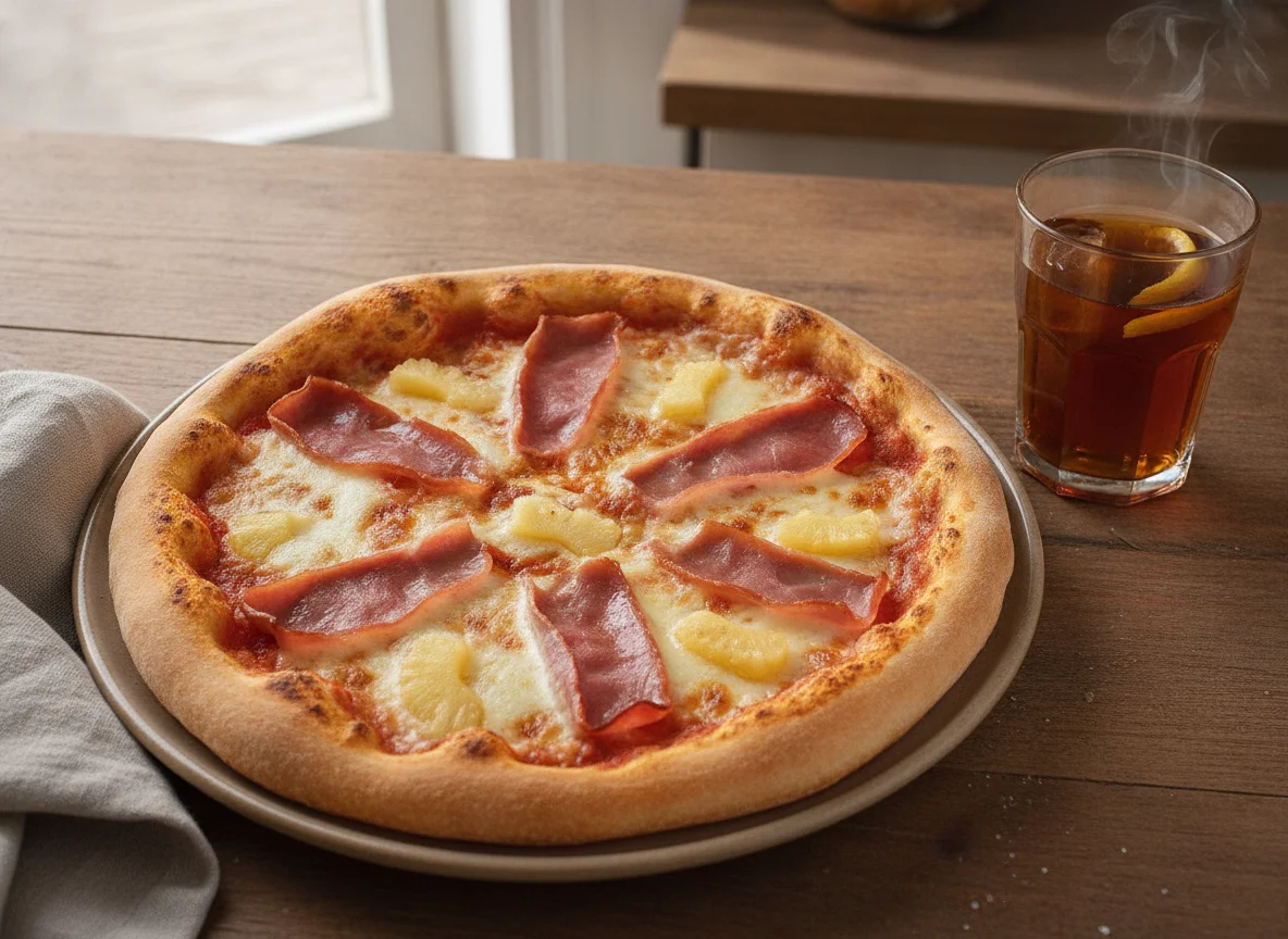 Pizza hawaiana y té photo