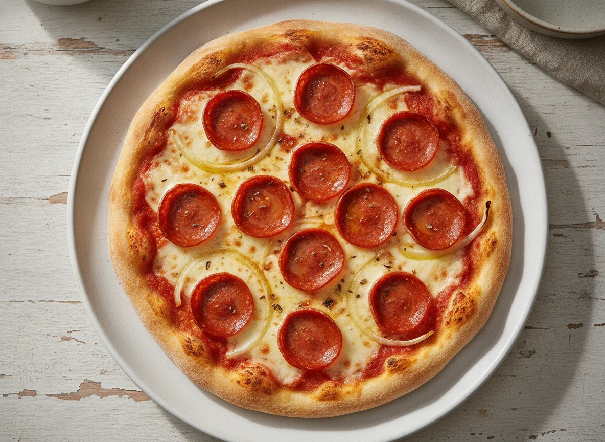 Pizza individual de pepperoni y cebolla photo