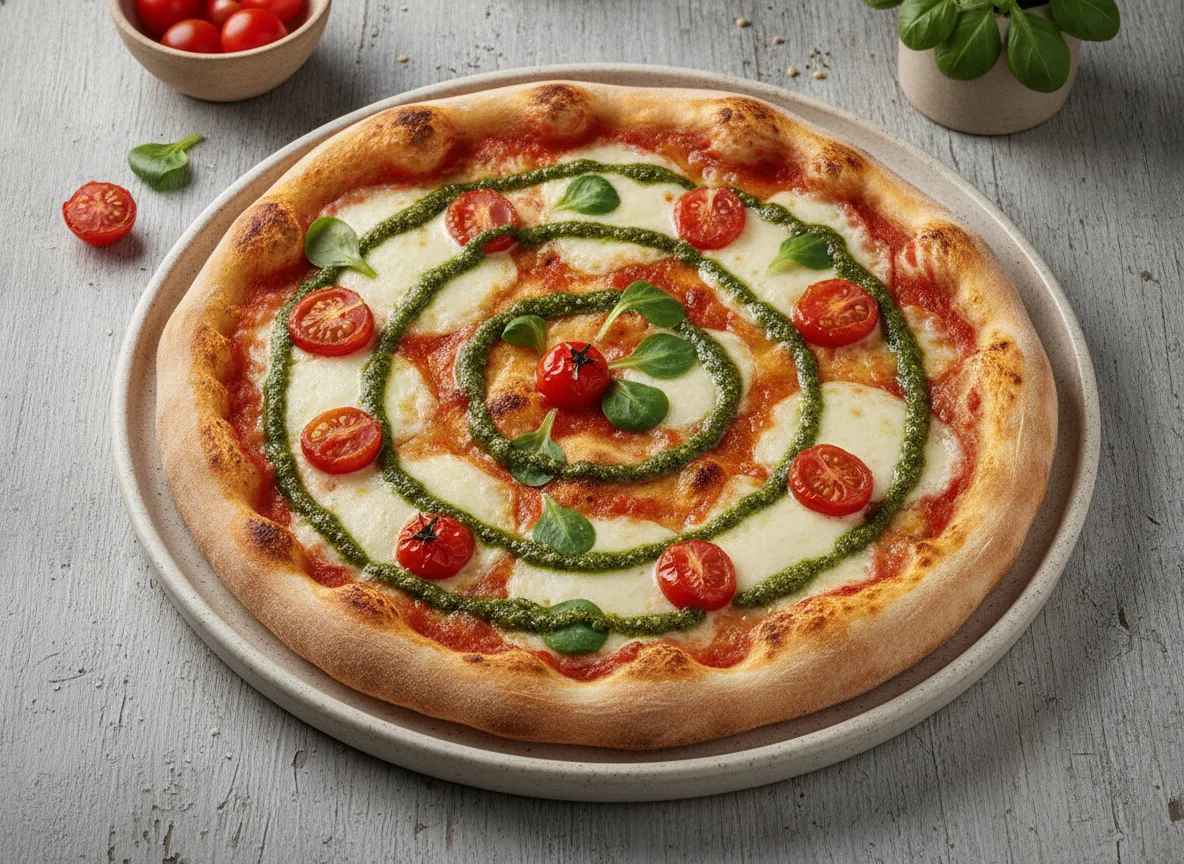 Pizza Margarita con Tomates Cherry y Pesto photo