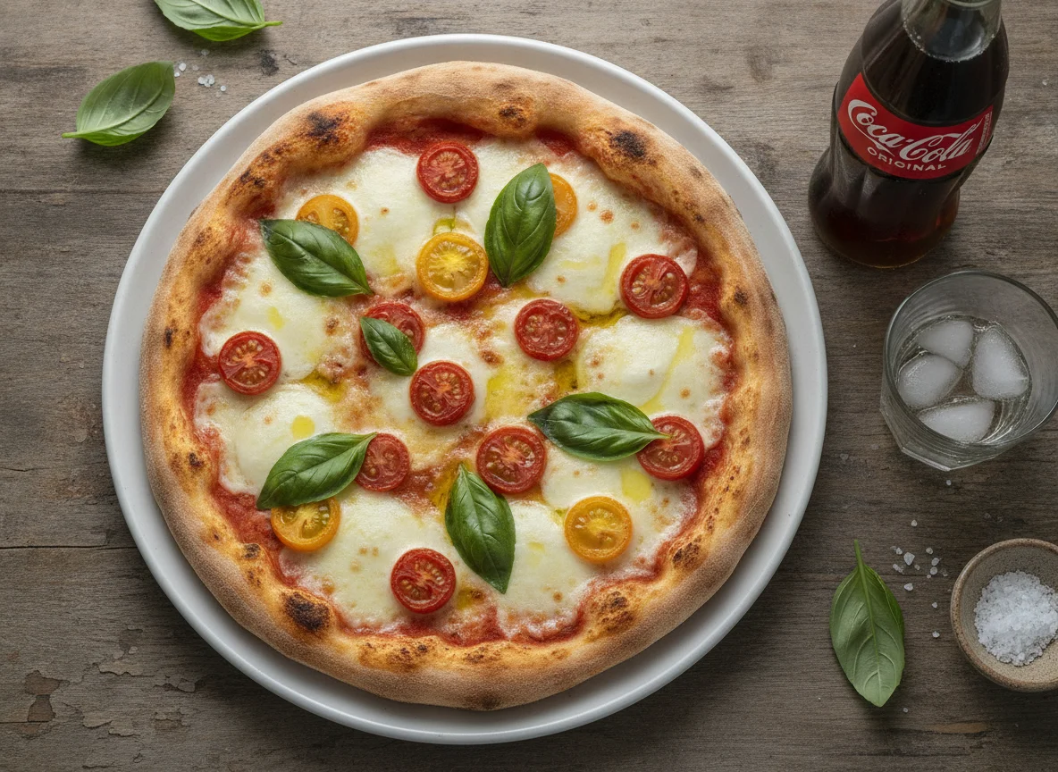 Pizza Margherita con tomates cherry y albahaca photo