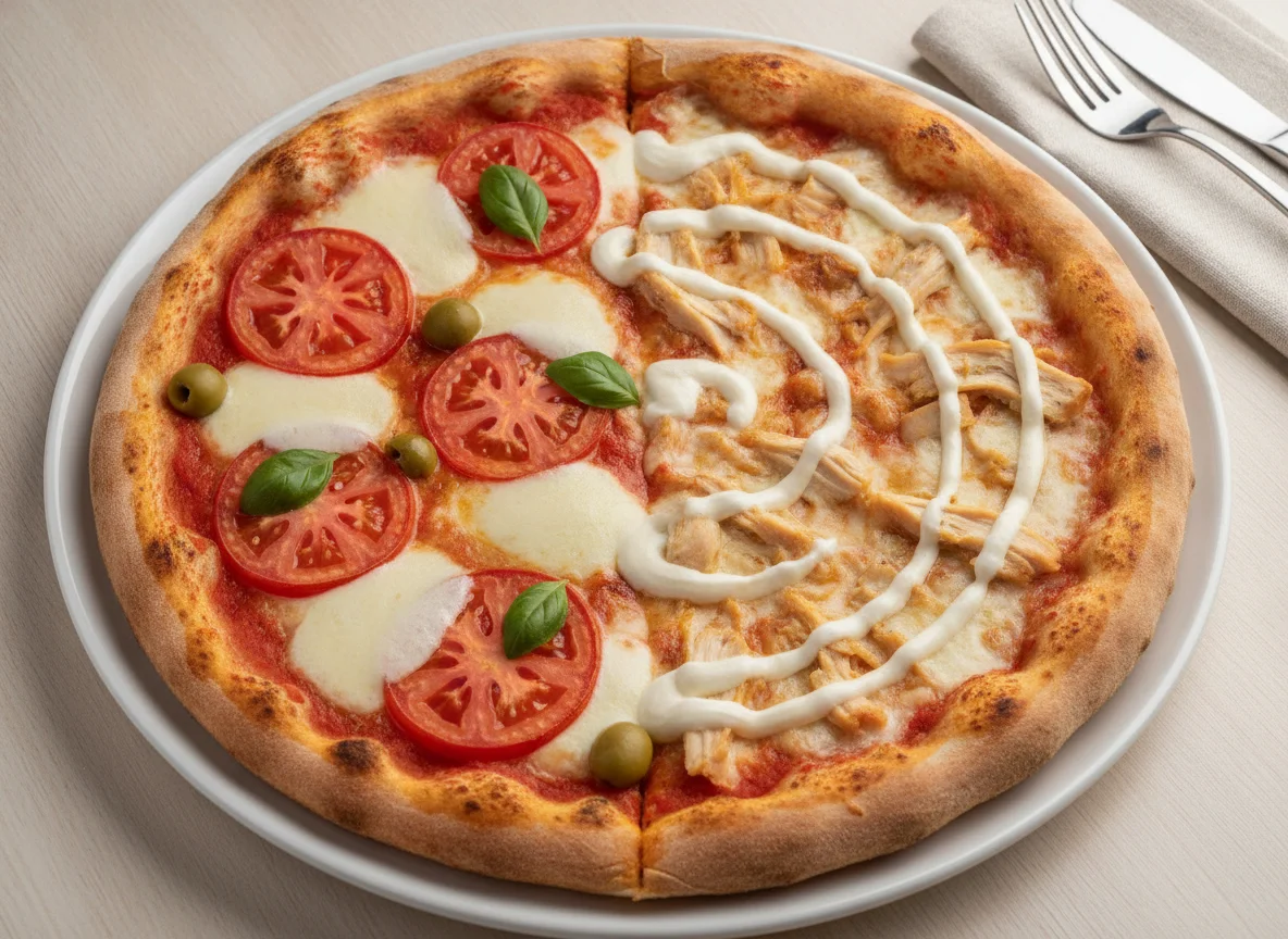 Pizza mitad napolitana y mitad pollo con catupiry photo