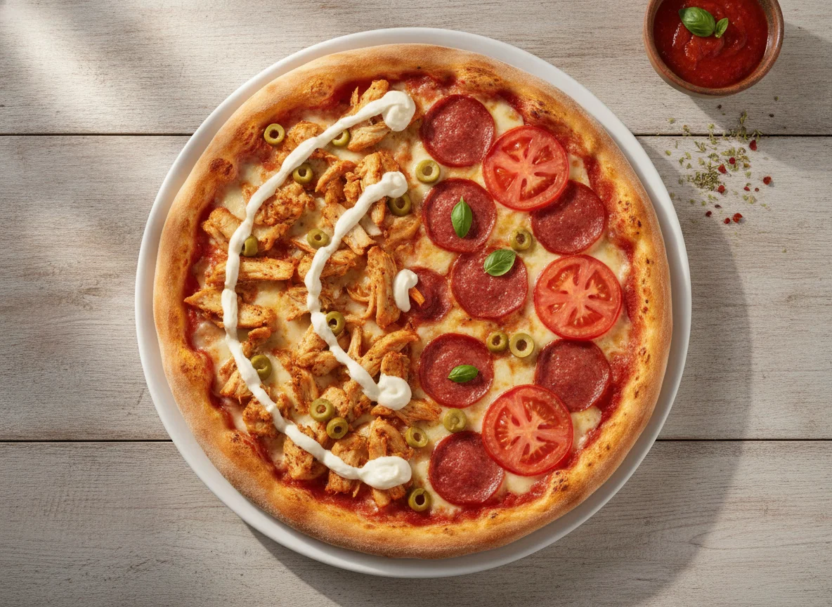 Pizza mitad pollo con catupiry y mitad pepperoni con tomate photo