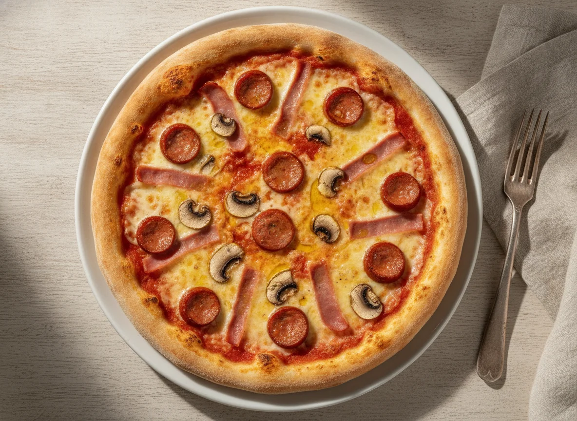 Pizza mixta con salchicha, jamón y champiñones photo