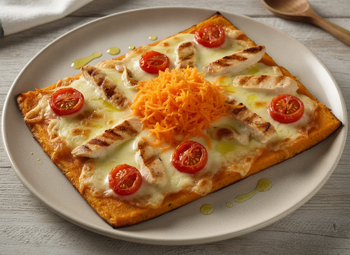 Pizzeta de calabaza con pollo y zanahoria rallada photo