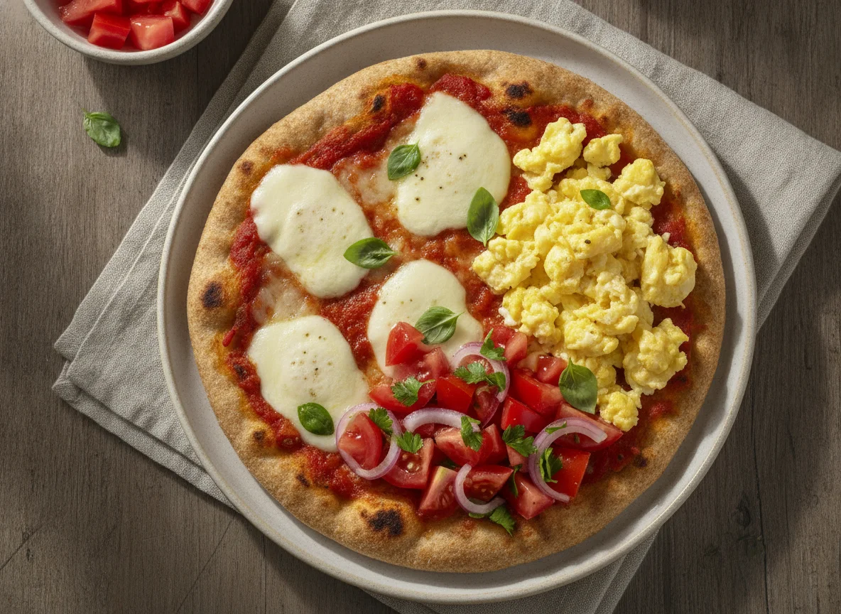 Pizzeta de pan integral con huevos revueltos y ensalada de tomate photo