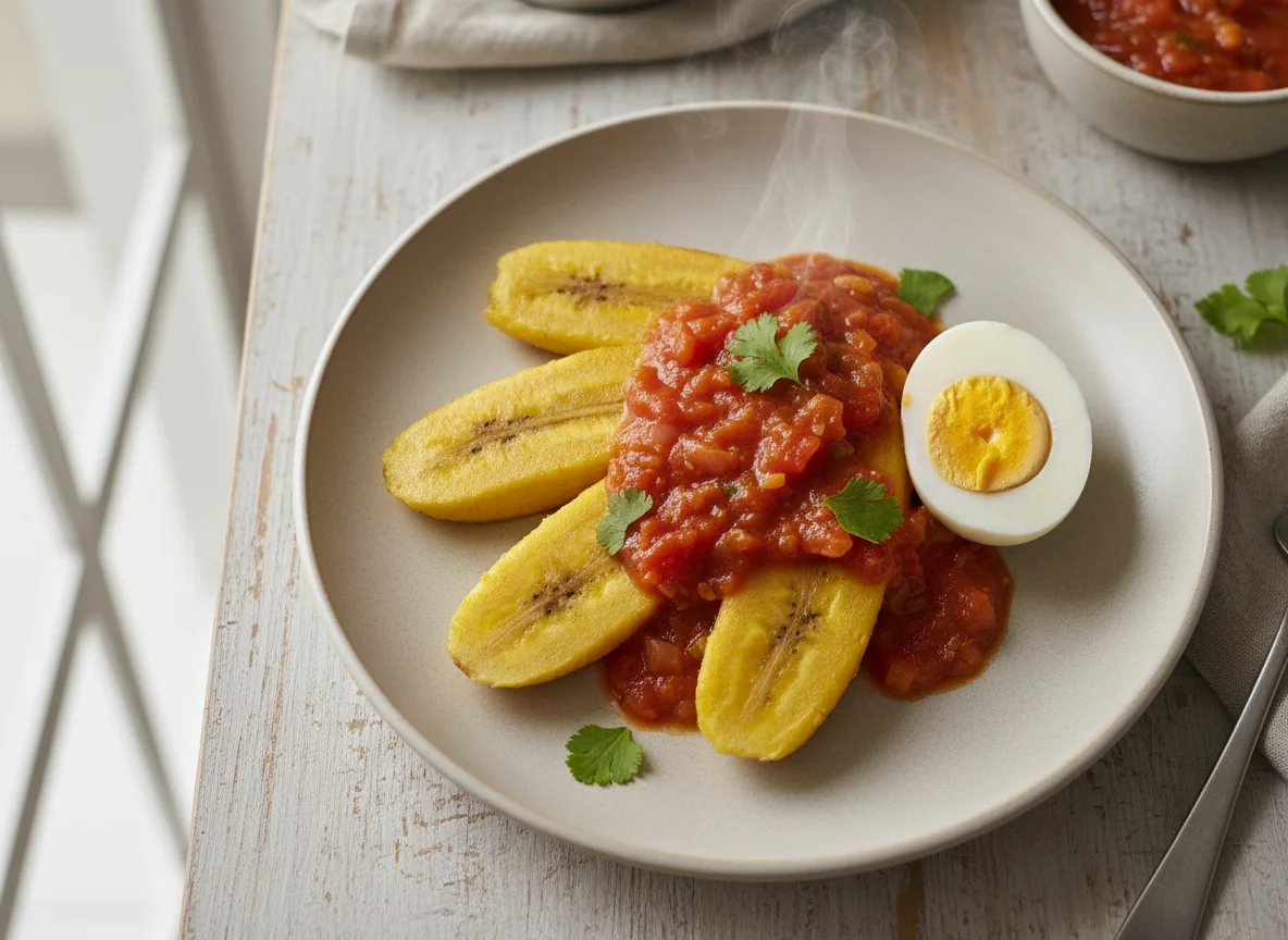 Plátano cocido con huevo y salsa photo