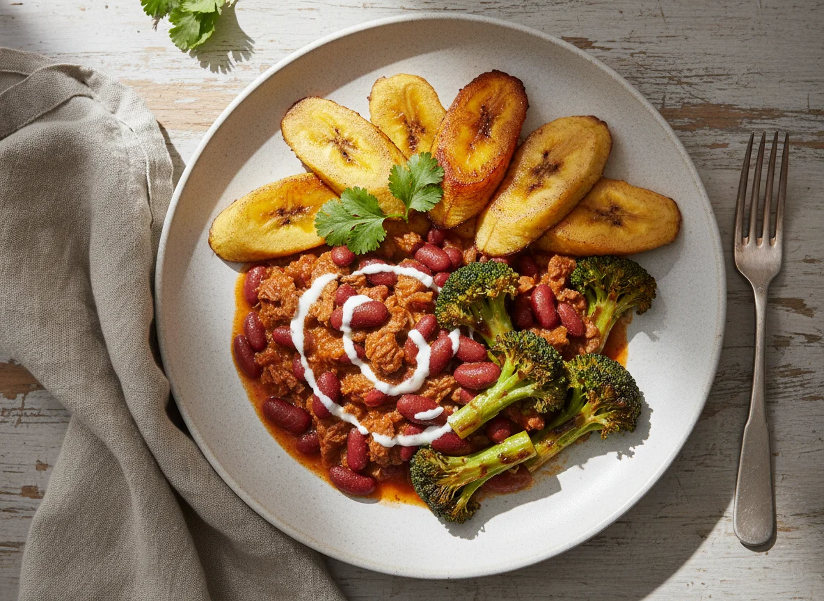 Plátano frito con brócoli y frijoles en salsa photo