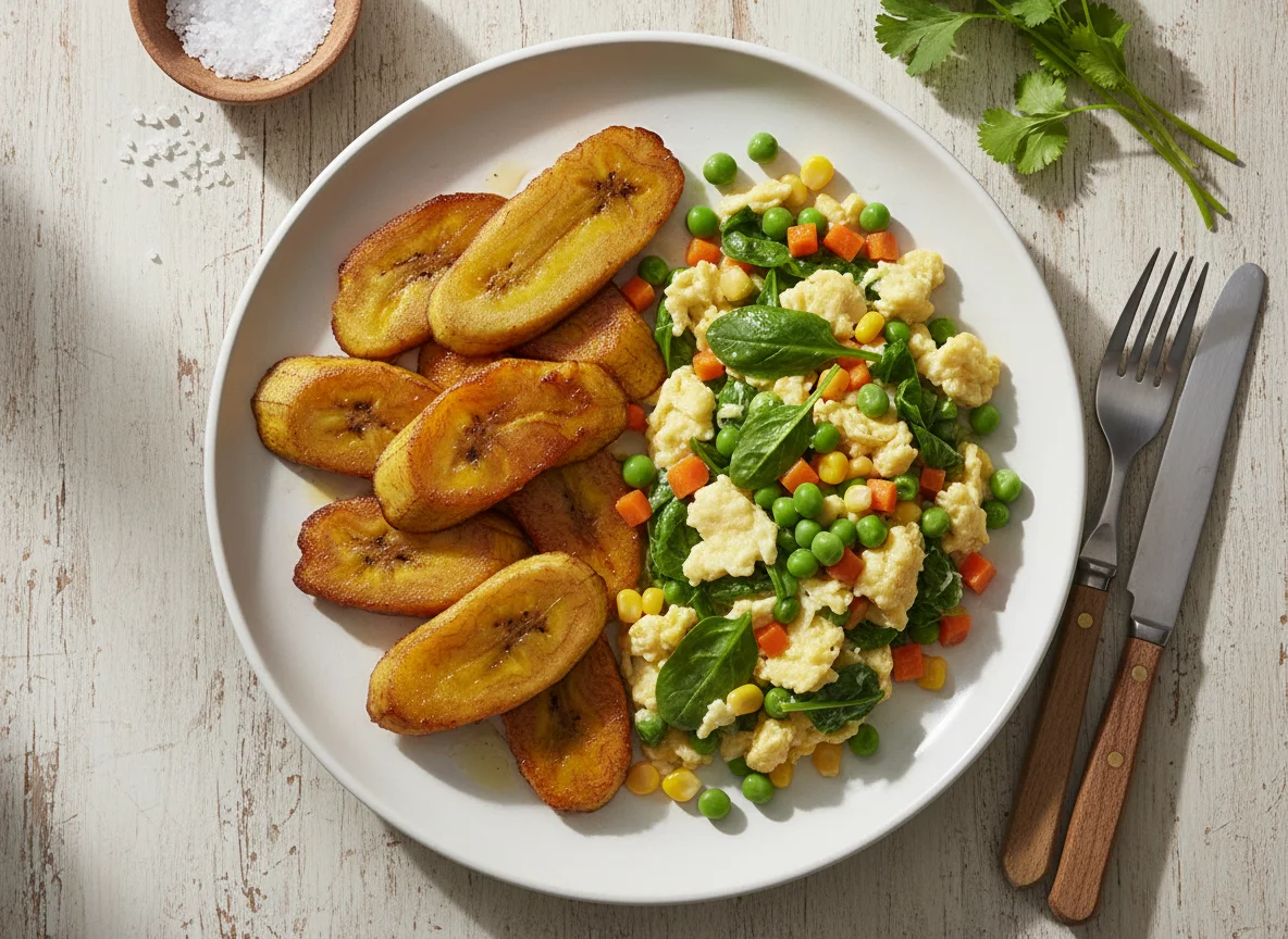 Plátano maduro frito con huevos revueltos y verduras photo
