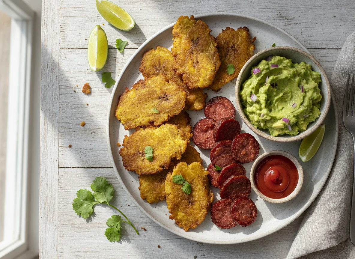 Plátanos fritos con salami y guacamole photo