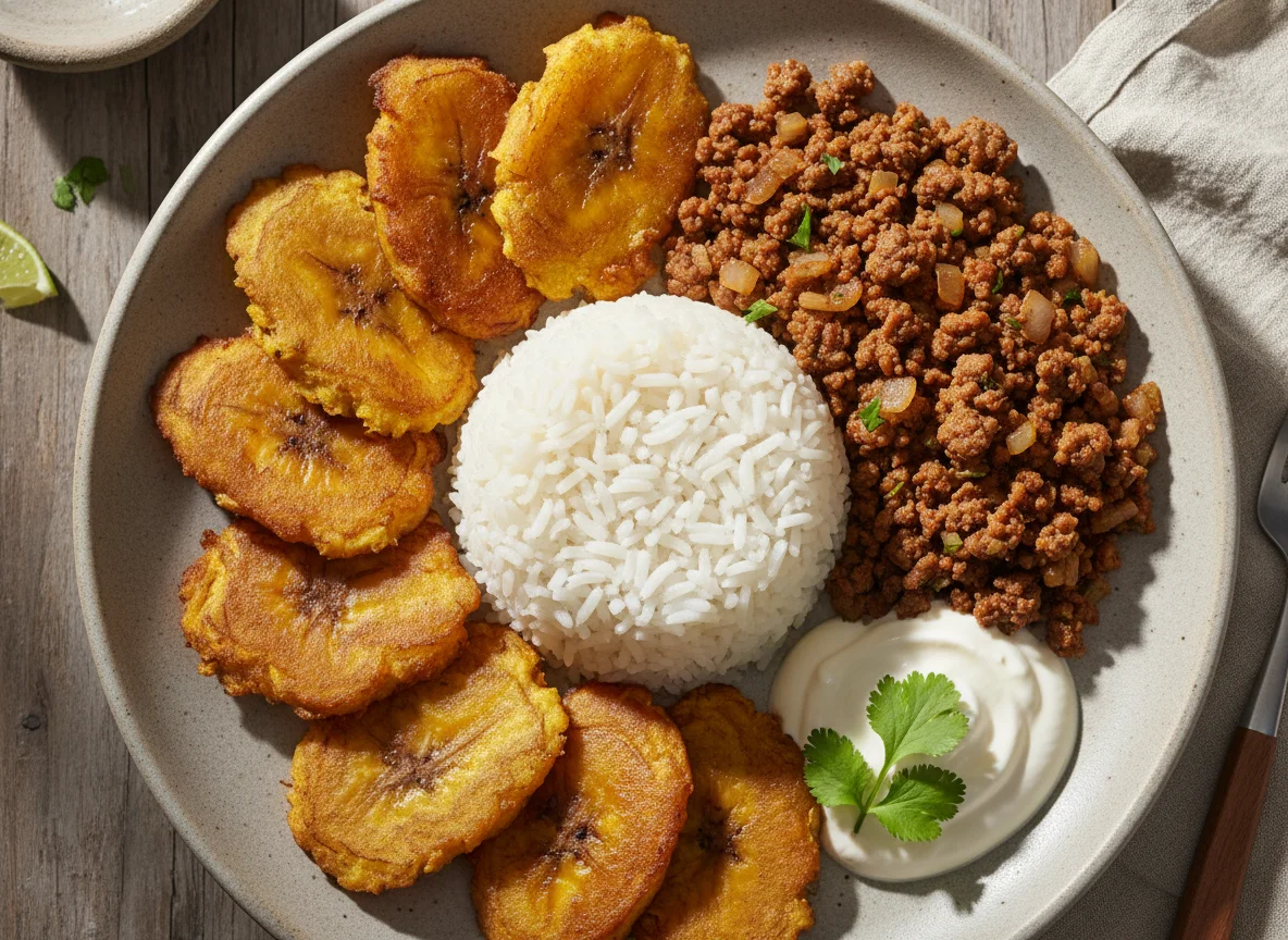 Plátanos maduros fritos con carne molida, natilla y arroz photo