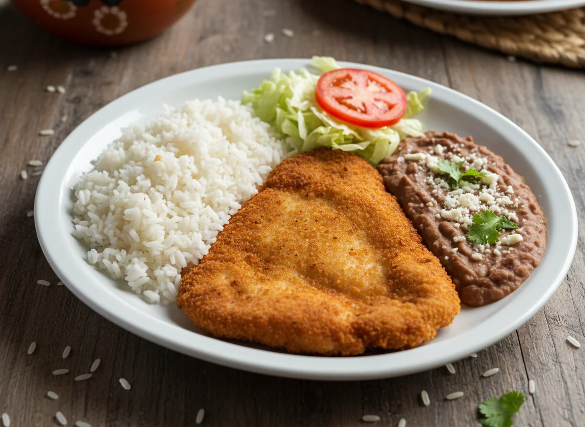 Platillo con milanesa, arroz y frijoles photo