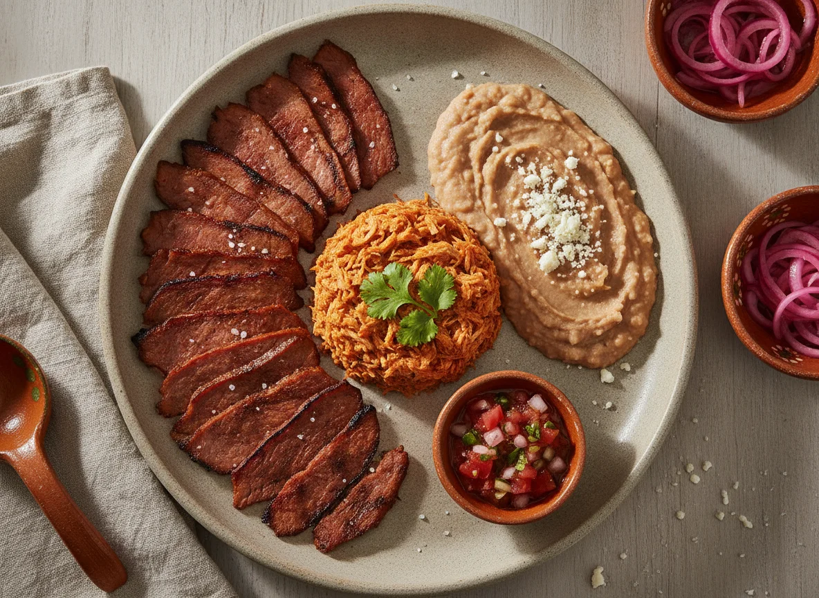 Platillo Mexicano con Cecina, Cochinita Pibil y Frijoles photo