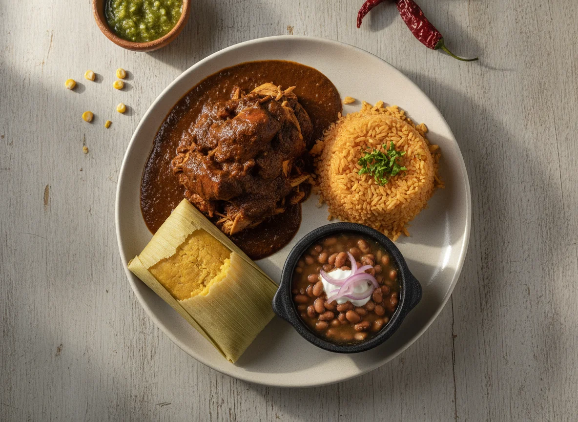 Platillo Mexicano con Mole, Arroz y Frijoles photo