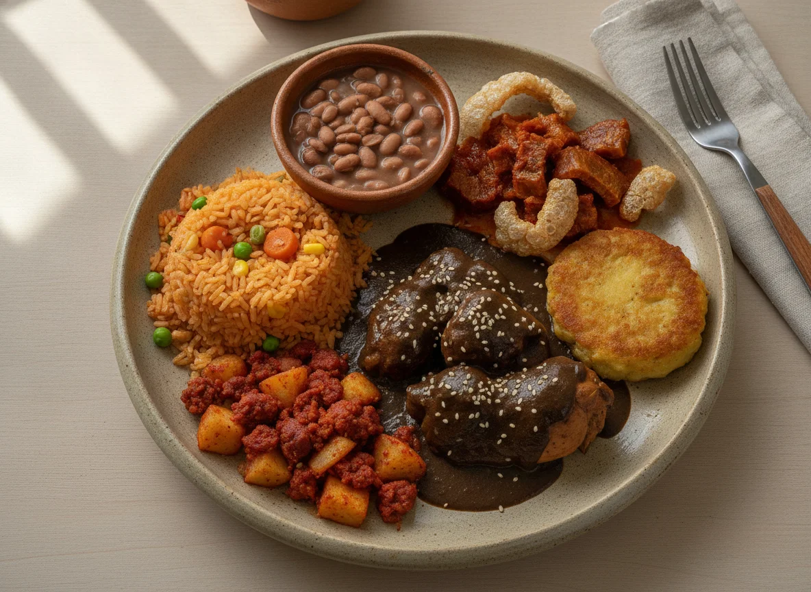Platillo Mexicano con Mole, Chicharrón y Arroz photo