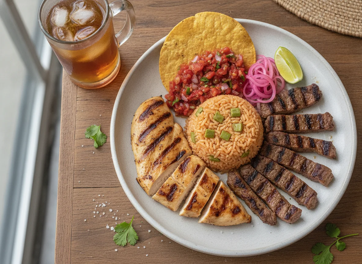 Platillo Mixto con Carne Asada, Pollo y Arroz photo