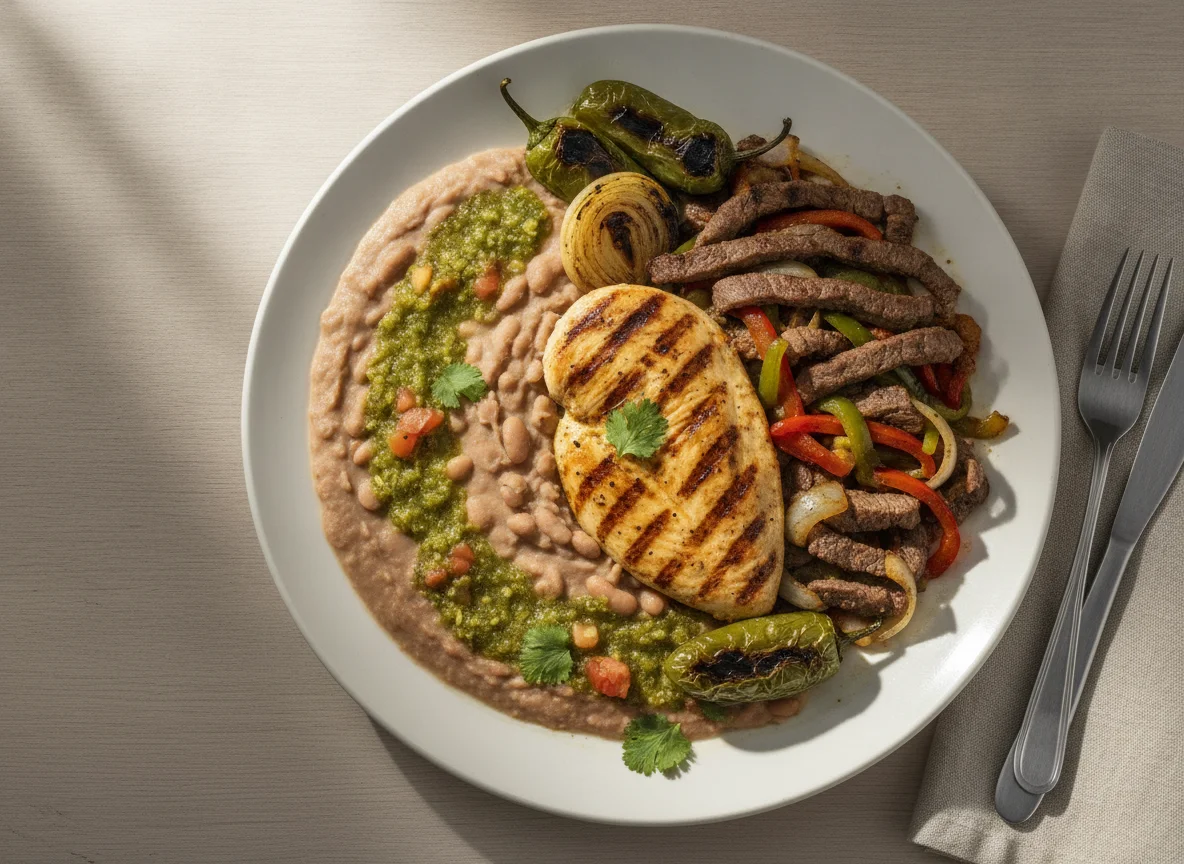 Platillo mixto con carne, pollo, frijoles y salsa verde photo