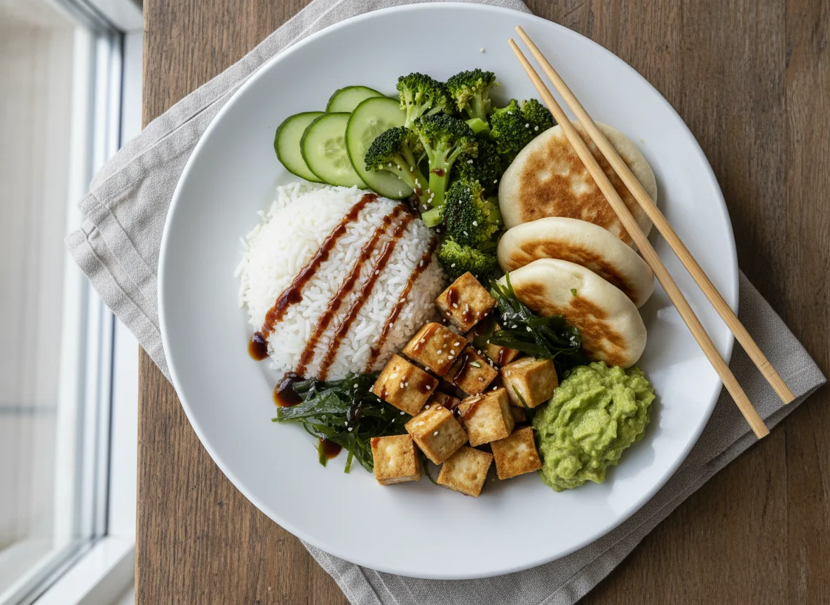 Plato asiático con arroz, tofu y bao photo