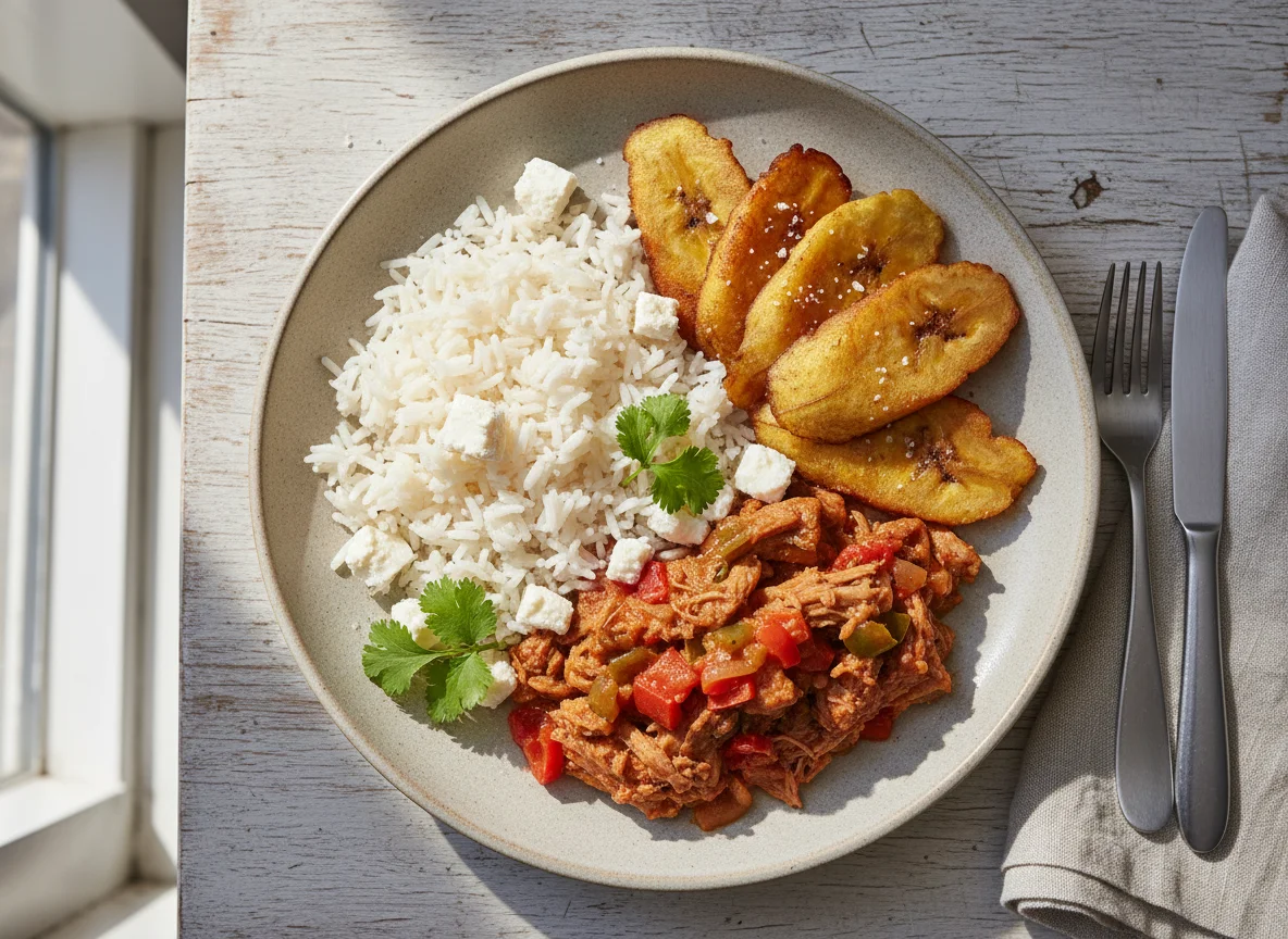 Plato caribeño con arroz, plátanos fritos y carne photo