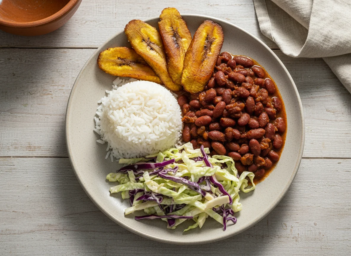 Plato caribeño con frijoles, arroz, ensalada de repollo y plátano maduro frito photo