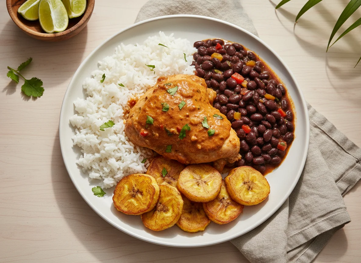 Plato caribeño con pollo en salsa, arroz, frijoles y plátanos fritos photo