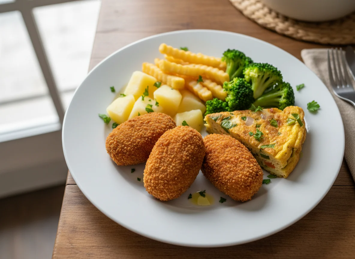 Plato casero de croquetas con papas y brócoli photo