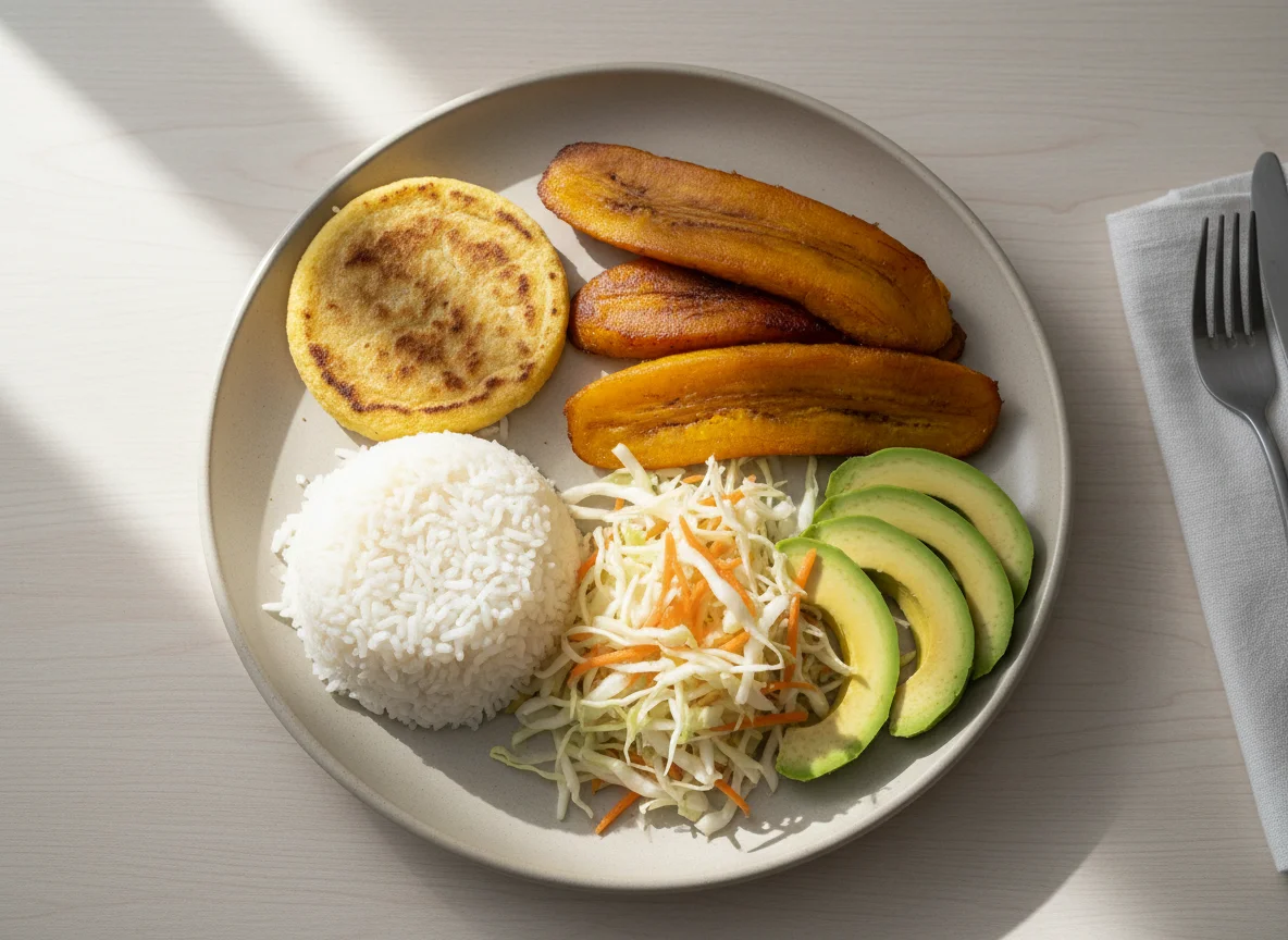 Plato colombiano con arroz, arepa, plátano y ensalada photo