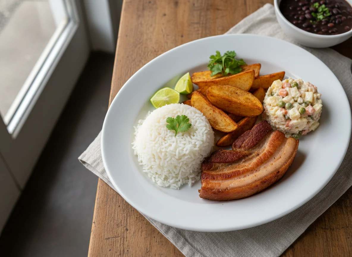 Plato colombiano con arroz, carne de cerdo, papas y ensalada rusa photo