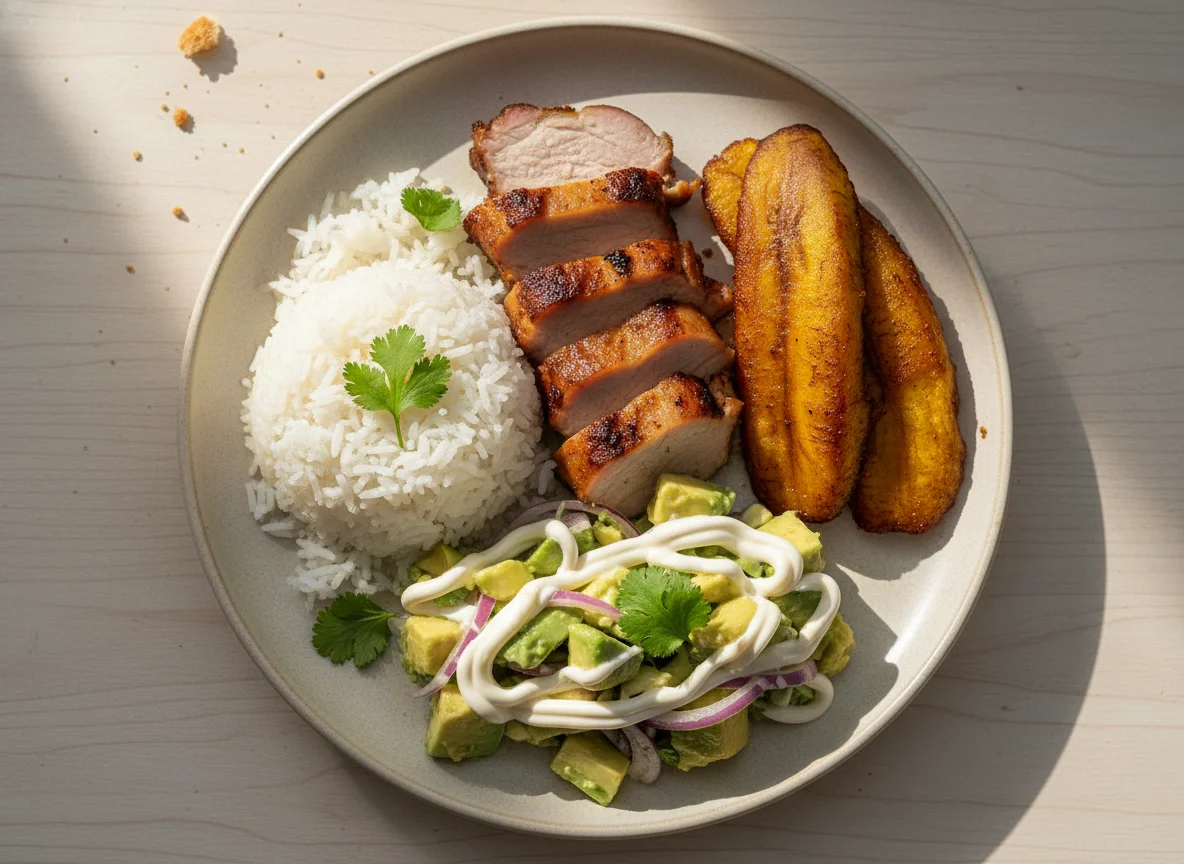Plato colombiano con arroz, cerdo, plátano y ensalada de aguacate photo
