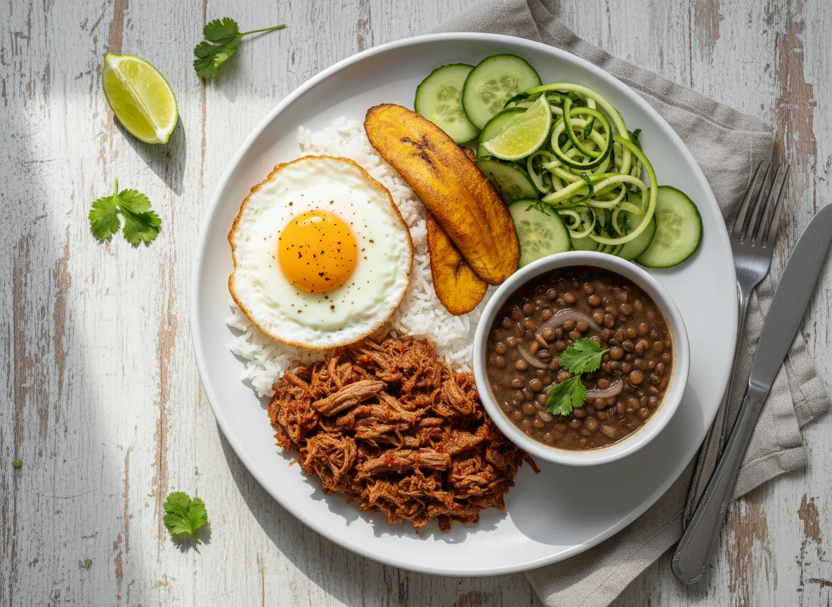 Plato colombiano con carne desmechada, lentejas y ensalada photo
