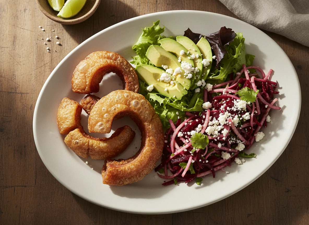 Plato colombiano con chicharrón, aguacate y ensalada de remolacha photo