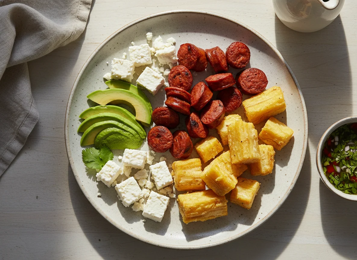 Plato colombiano con chorizo, aguacate, queso y yuca photo