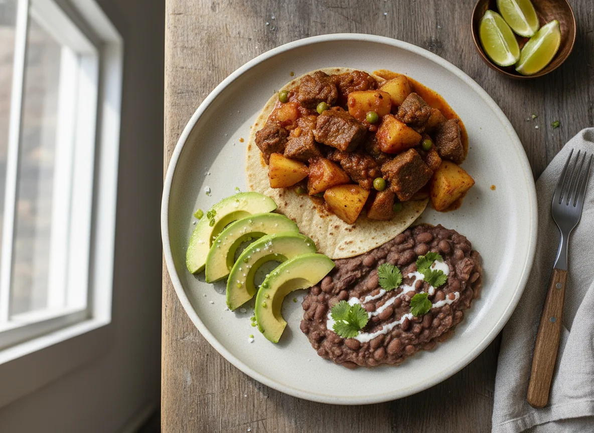 Plato combinado con aguacate, frijoles y guisado de papas con carne photo