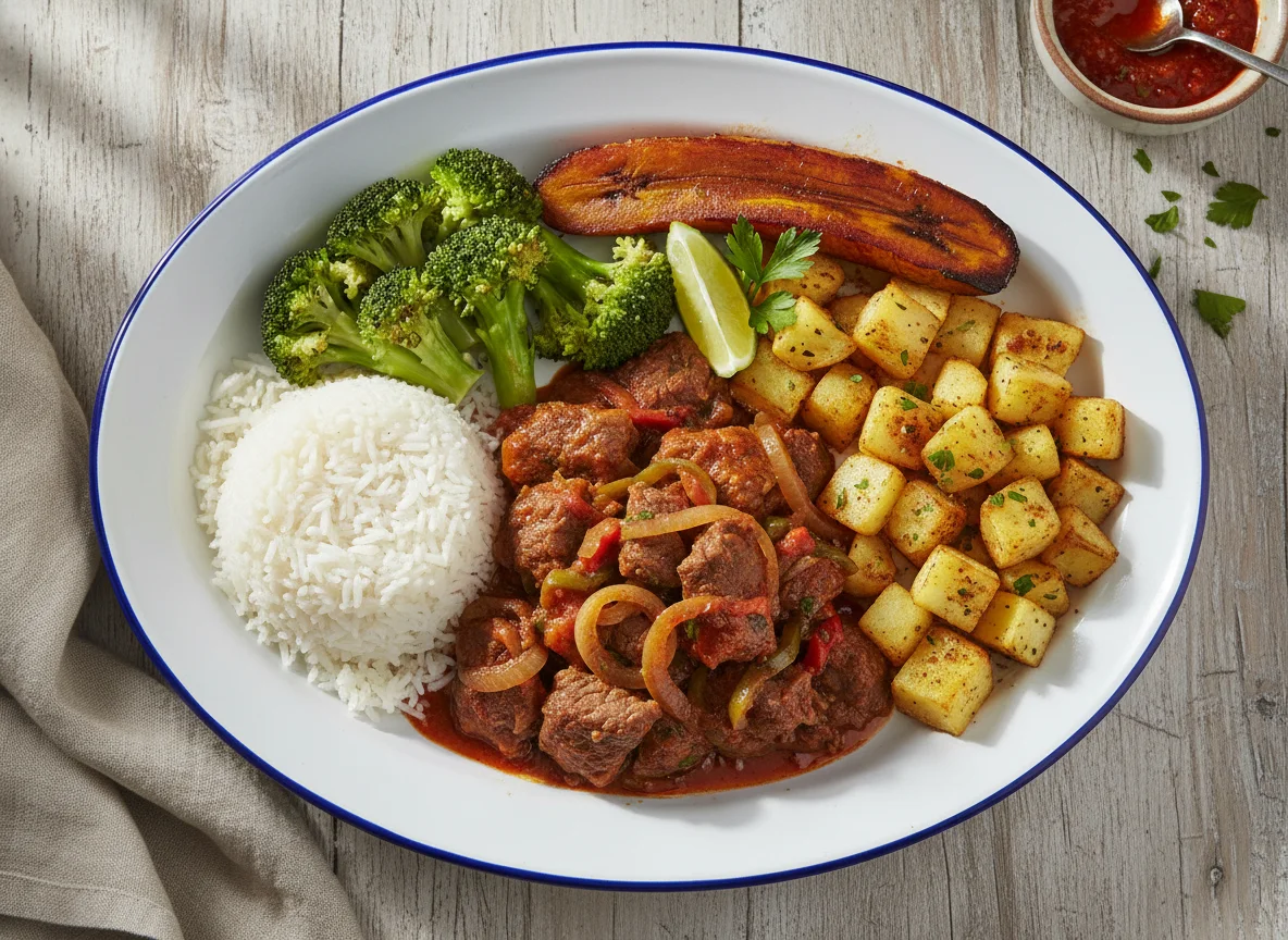 Plato combinado con arroz, brócoli, carne y papas photo