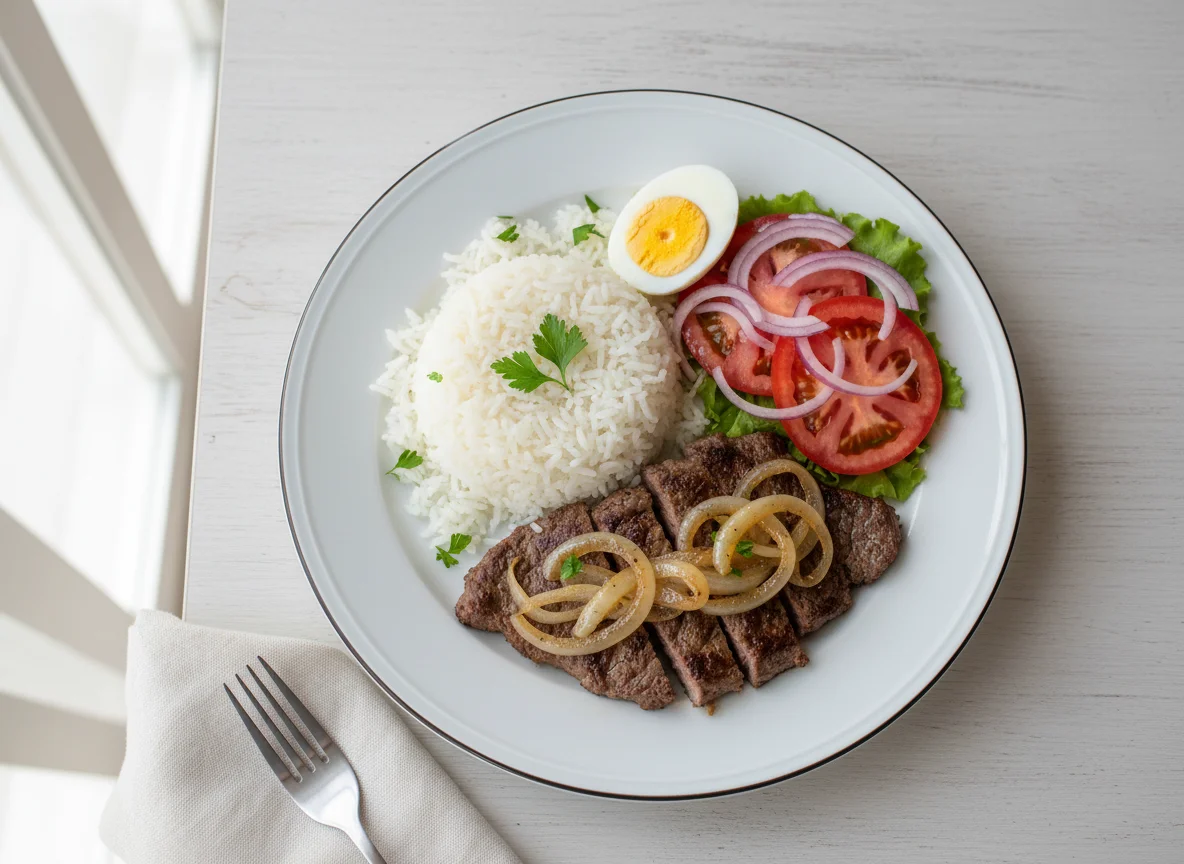 Plato combinado con arroz, carne, ensalada y huevo photo