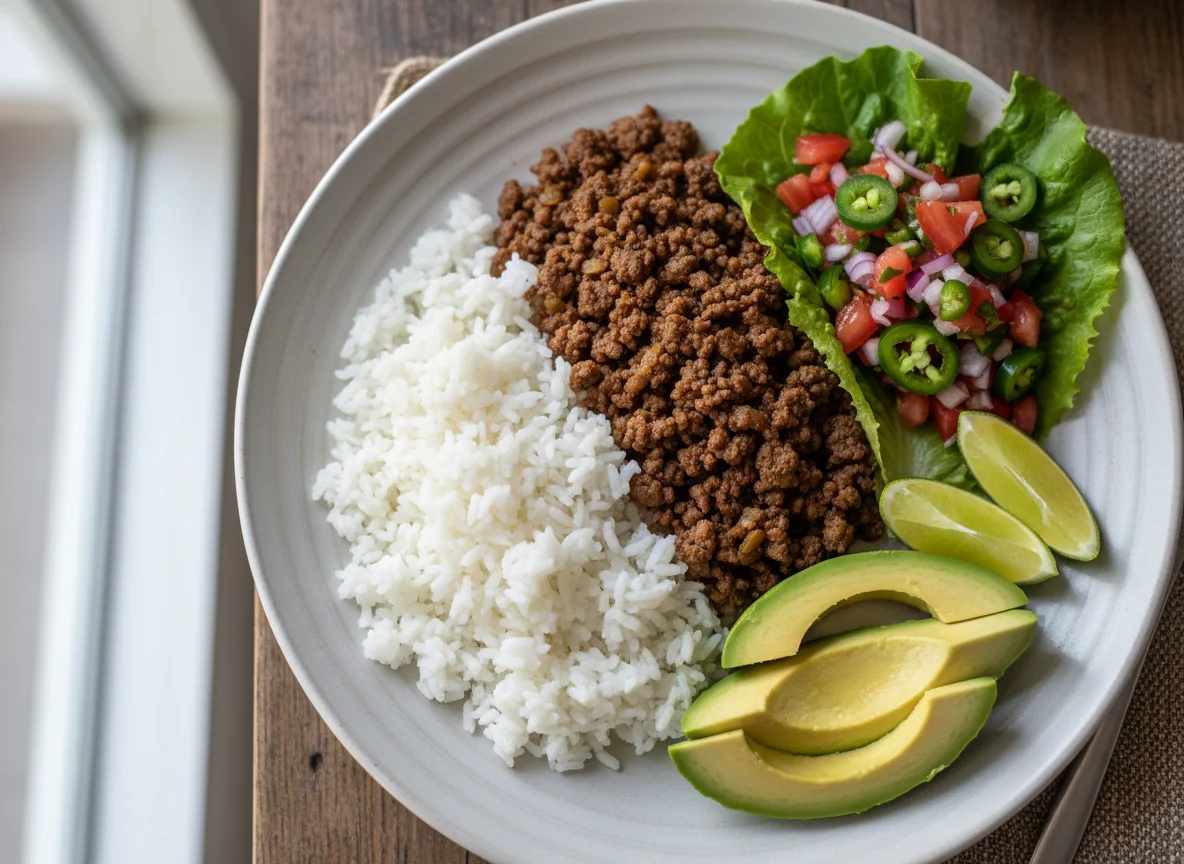 Plato combinado con arroz, carne molida y aguacate photo