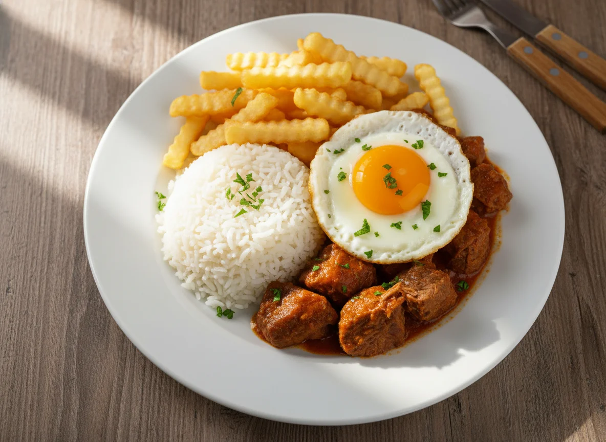 Plato combinado con arroz, carne, papas fritas y huevo frito photo