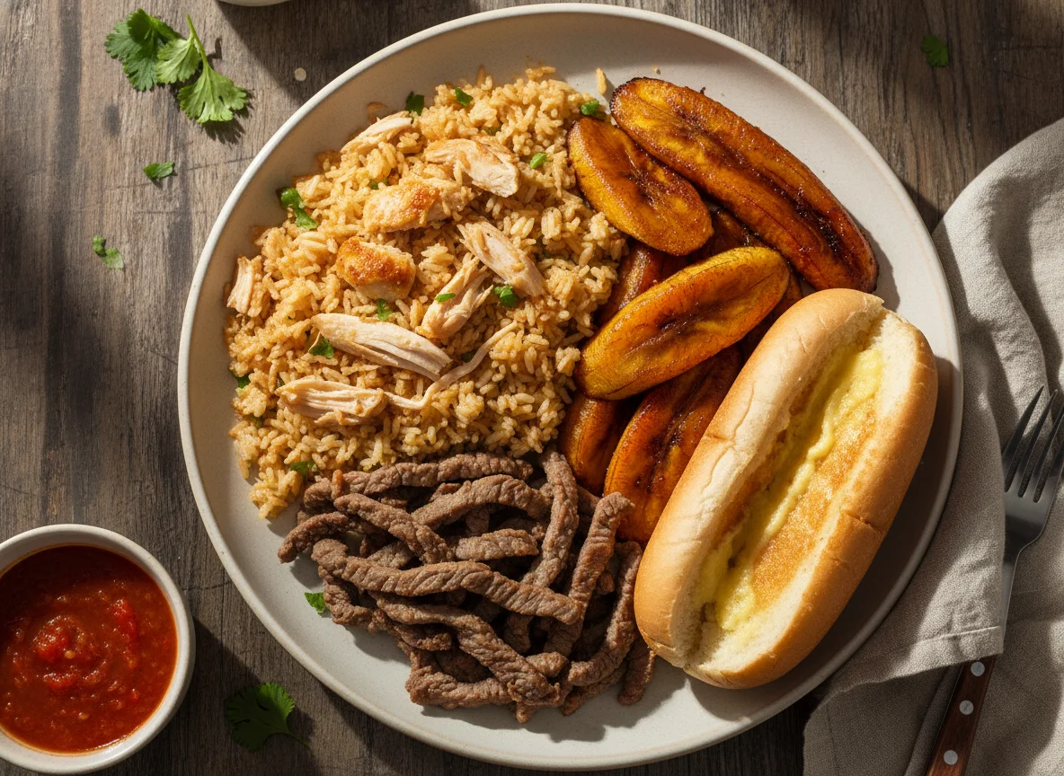 Plato combinado con arroz, carne, plátano y pan photo