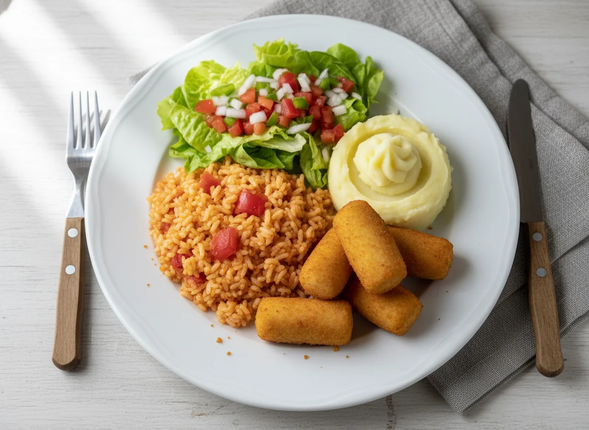 Plato combinado con arroz, croquetas, puré y ensalada photo